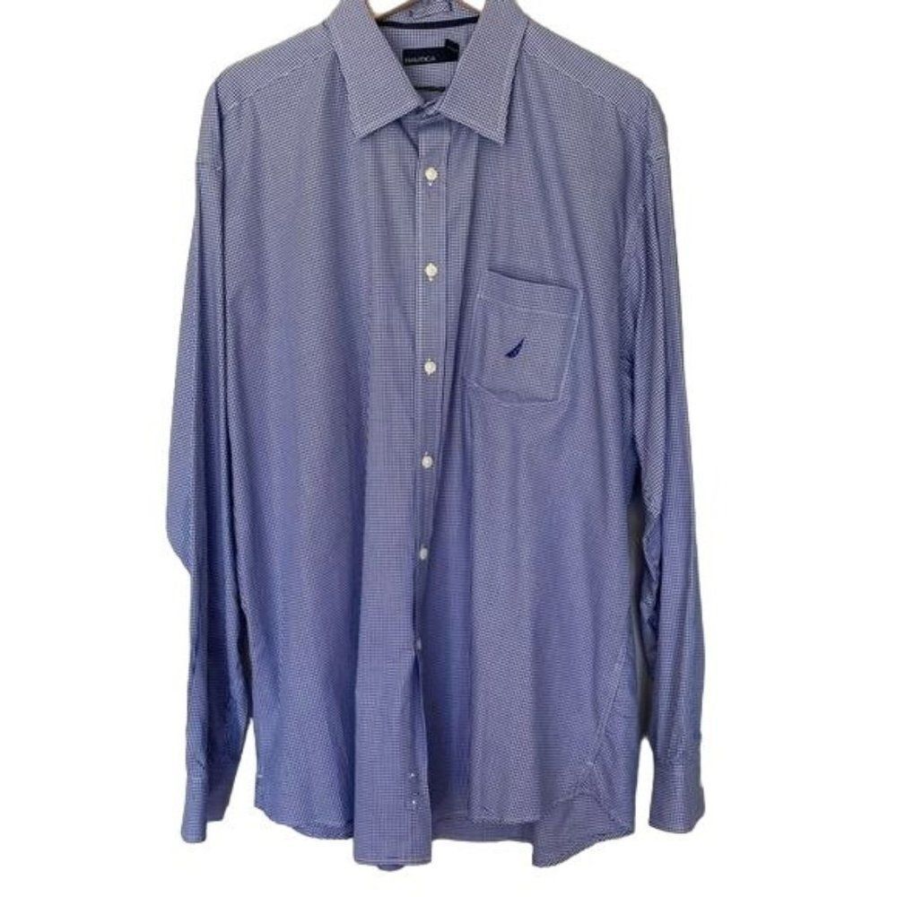 Nautica Size XXL Blue Gingham Checked Long Sleeve Button Down Dress Shirt 2XL